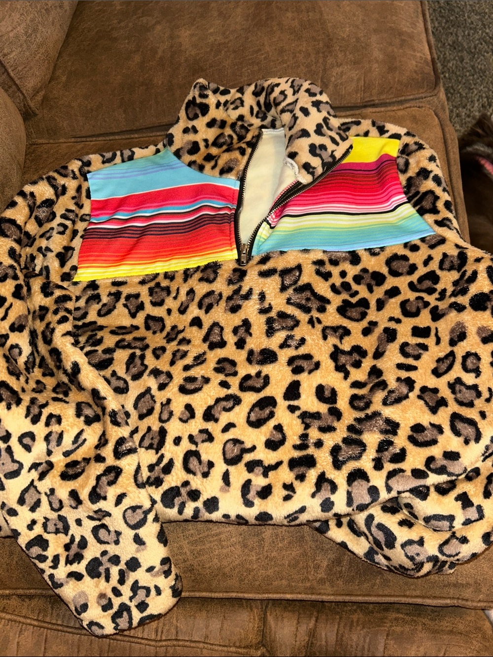 Womens Leopard Print Fleece Pullover with Rainbow Stripe Yoke